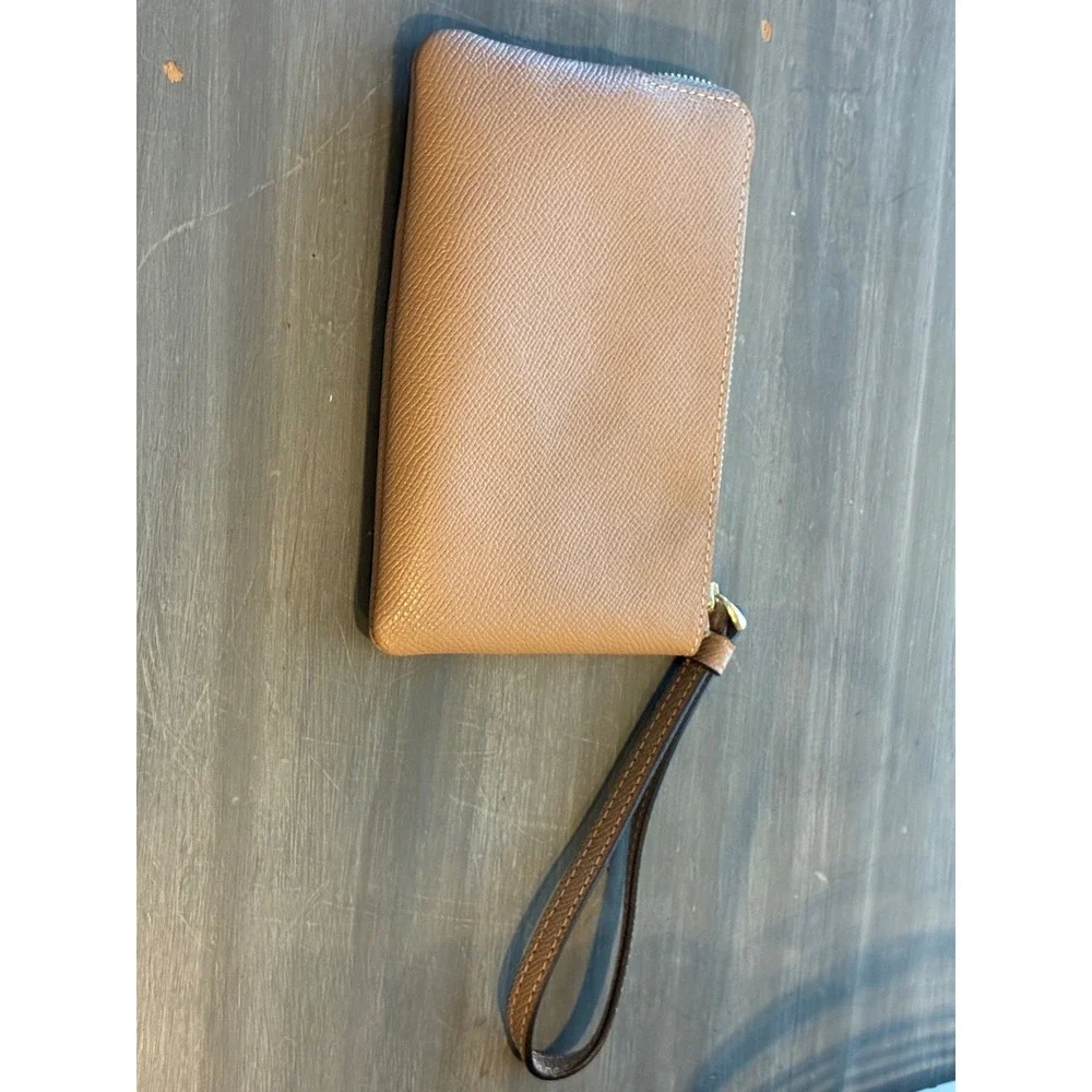 Coach Womens Tan Crossgrain Leather Small‎ Corner Zip Wristlet Wallet Gold Logo
